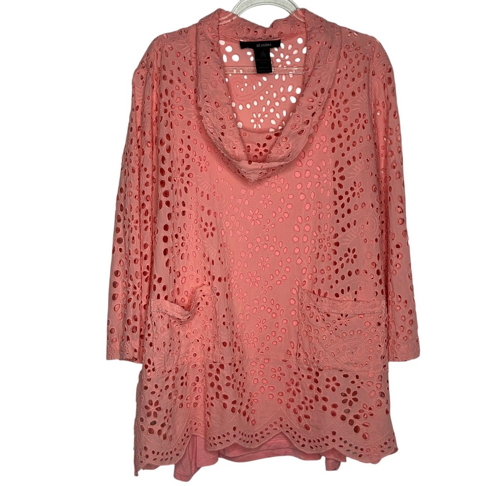 Ali Miles Womens Large Coral Pink‎ Eyelet Cowl Neck Tunic Top Boho Coastal Artsy